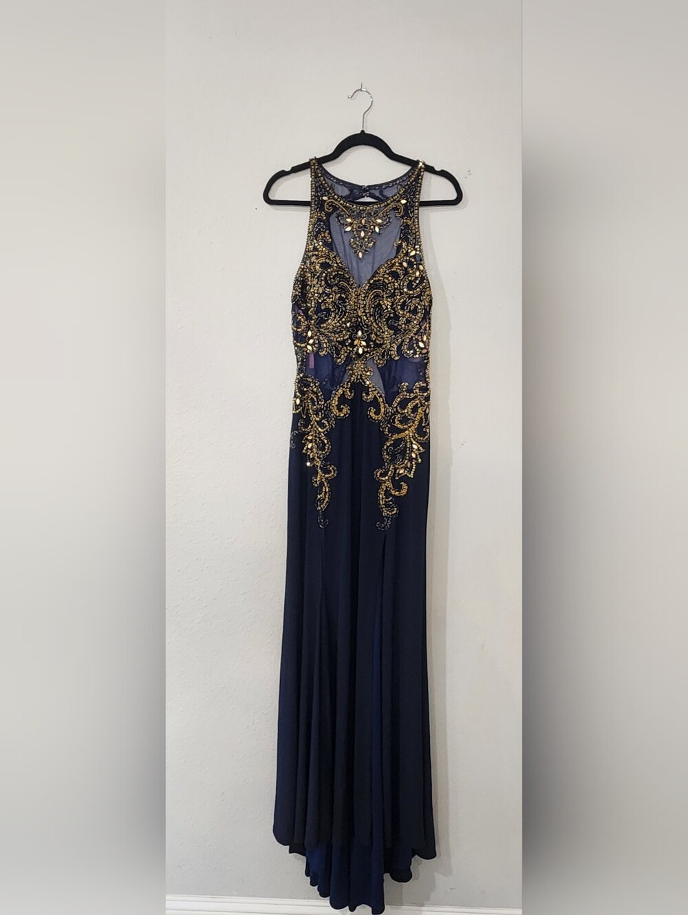 Blush Navy Gown with Gold Beaded Embellishment